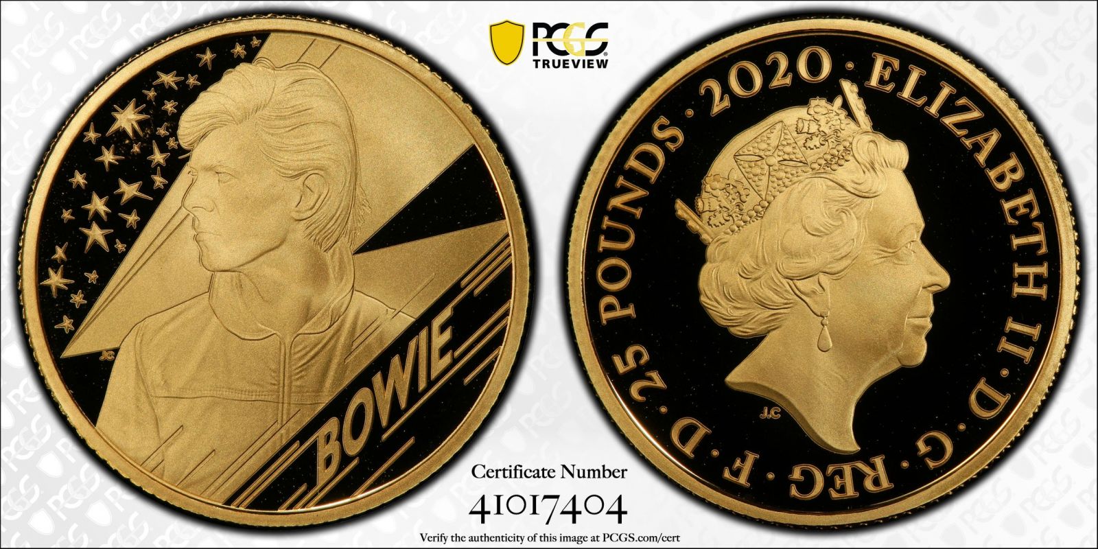 2020 Gold 25 Pounds (1/4 oz.) Music Legends - David Bowie Proof PCGS PR69 DCAM #41017404 Box & COA