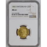 Switzerland 1883 Gold 20 Francs NGC MS 61 #2131168-008 (AGW=0.1867 oz.)