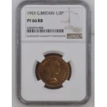 1953 Bronze Halfpenny Proof, Obverse 2, Reverse A (Freeman 465) NGC PF 66 RB #6320374-008