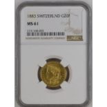 Switzerland 1883 Gold 20 Francs NGC MS 61 #2131168-003 (AGW=0.1867 oz.)