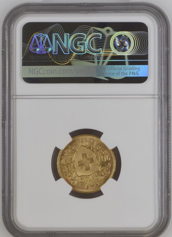 Switzerland 1913 Gold 20 Francs Vreneli NGC MS 65 #2131168-021 (AGW=0.1867 oz.) - Image 2 of 2