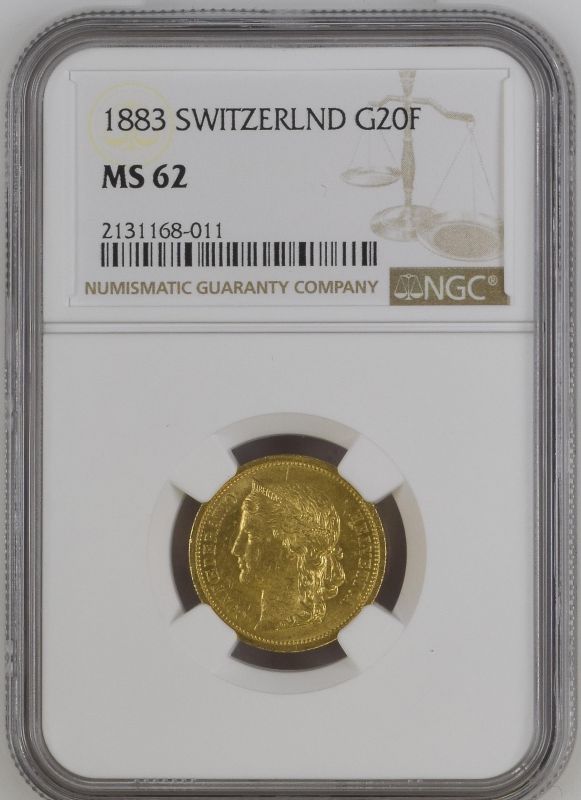 Switzerland 1883 Gold 20 Francs NGC MS 62 #2131168-011 (AGW=0.1867 oz.)