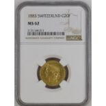 Switzerland 1883 Gold 20 Francs NGC MS 62 #2131168-011 (AGW=0.1867 oz.)