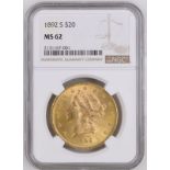 United States 1892 Gold 20 Dollars Liberty Head NGC MS 62 #2131167-001 (AGW=0.9676 oz.)