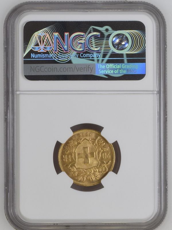 Switzerland 1912 Gold 20 Francs Vreneli NGC MS 64+ #2131168-020 (AGW=0.1867 oz.) - Image 2 of 2