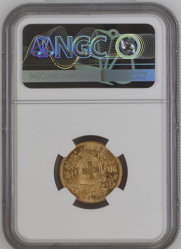 Switzerland 1911 Gold 20 Francs Vreneli NGC MS 66 #2131168-019 (AGW=0.1867 oz.) - Image 2 of 2