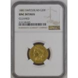 Switzerland 1883 Gold 20 Francs NGC UNC Details #2131168-025 (AGW=0.1867 oz.)