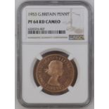 1953 Bronze Penny Proof, Obverse 1, Reverse B, Freeman 246 NGC PF 64 RD CAMEO #6320374-007