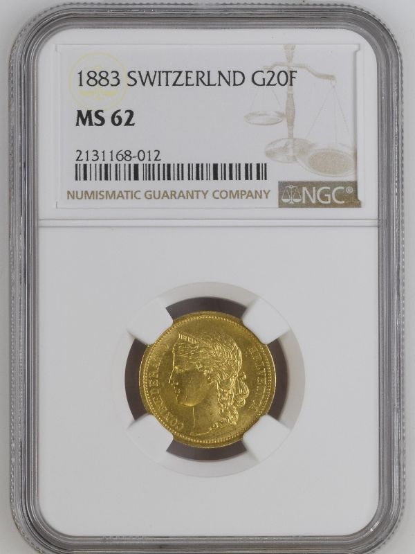 Switzerland 1883 Gold 20 Francs NGC MS 62 #2131168-012 (AGW=0.1867 oz.)