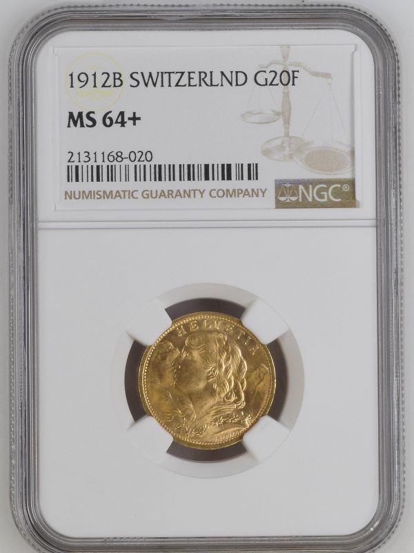 Switzerland 1912 Gold 20 Francs Vreneli NGC MS 64+ #2131168-020 (AGW=0.1867 oz.)