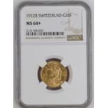 Switzerland 1912 Gold 20 Francs Vreneli NGC MS 64+ #2131168-020 (AGW=0.1867 oz.)