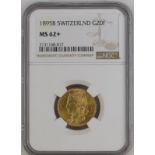 Switzerland 1895 Gold 20 Francs NGC MS 62+ #2131168-017 (AGW=0.1867 oz.)