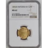 Switzerland 1896 Gold 20 Francs NGC MS 62 #2131168-018 (AGW=0.1867 oz.)