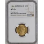 Switzerland 1886 Gold 20 Francs NGC MS 63 #2131168-010 (AGW=0.1867 oz.)