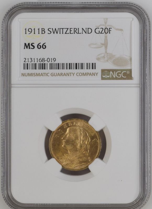 Switzerland 1911 Gold 20 Francs Vreneli NGC MS 66 #2131168-019 (AGW=0.1867 oz.)