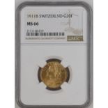 Switzerland 1911 Gold 20 Francs Vreneli NGC MS 66 #2131168-019 (AGW=0.1867 oz.)