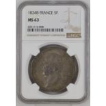 France Louis XVIII 1824 B Silver 5 Francs Single Finest NGC MS 63 #6351113-008
