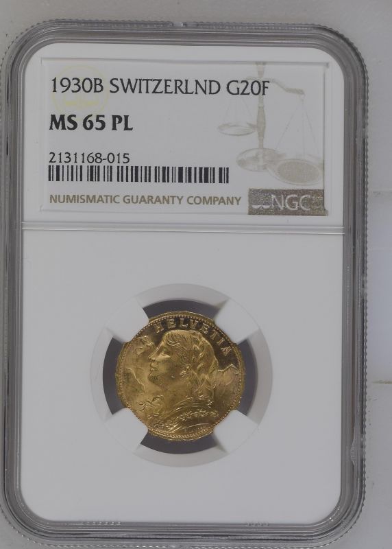 Switzerland 1930 Gold 20 Francs Vreneli NGC MS 65 PL #2131168-015 (AGW=0.1867 oz.)