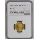Switzerland 1883 Gold 20 Francs NGC MS 62 #2131168-006 (AGW=0.1867 oz.)