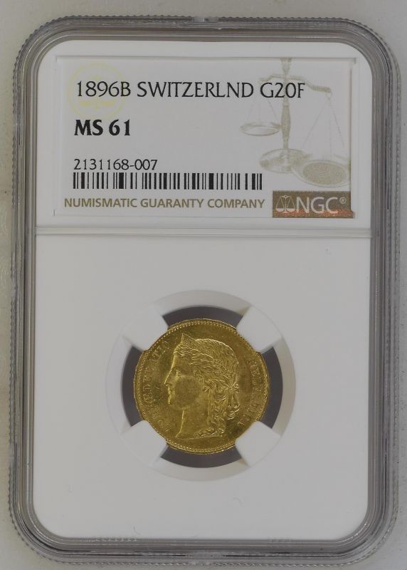 Switzerland 1896 Gold 20 Francs NGC MS 61 #2131168-007 (AGW=0.1867 oz.)