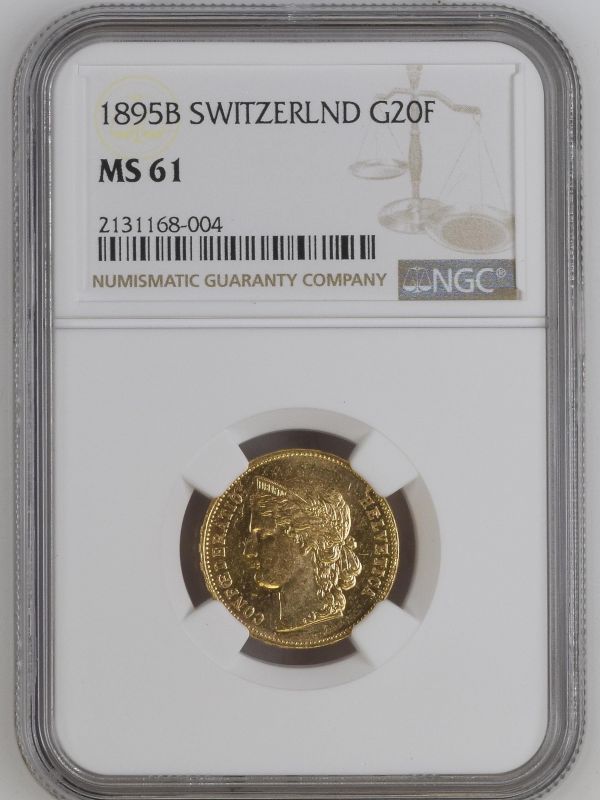 Switzerland 1895 Gold 20 Francs NGC MS 61 #2131168-004 (AGW=0.1867 oz.)