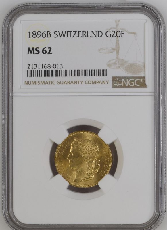 Switzerland 1896 Gold 20 Francs NGC MS 62 #2131168-013 (AGW=0.1867 oz.)