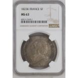 France Louis XVIII 1823 K Silver 5 Francs Equal-finest NGC MS 63 #6351113-011