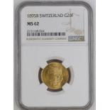 Switzerland 1895 Gold 20 Francs NGC MS 62 #2131168-024 (AGW=0.1867 oz.)