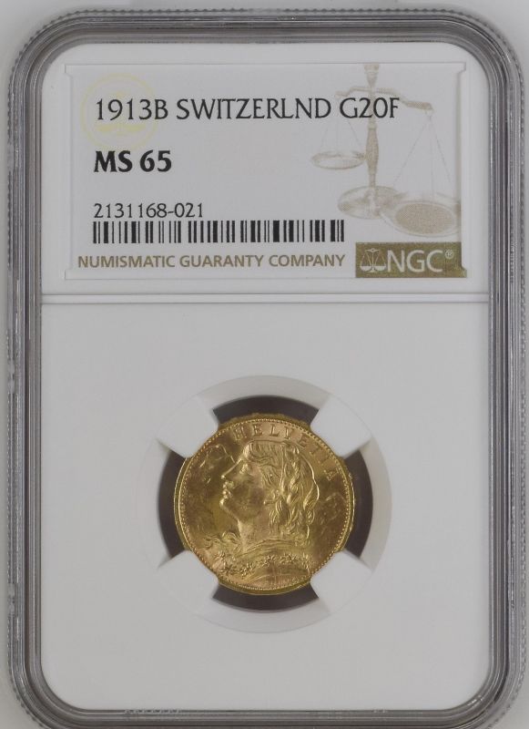 Switzerland 1913 Gold 20 Francs Vreneli NGC MS 65 #2131168-021 (AGW=0.1867 oz.)