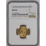 Switzerland 1913 Gold 20 Francs Vreneli NGC MS 65 #2131168-021 (AGW=0.1867 oz.)