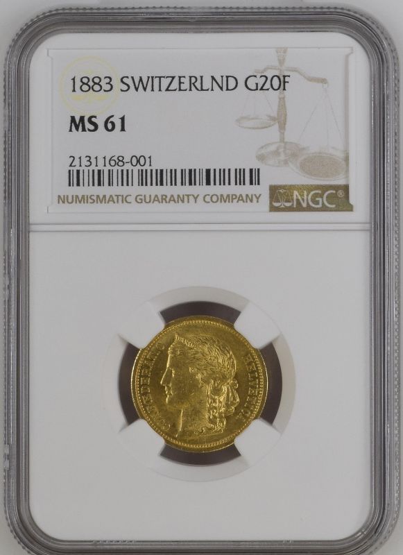 Switzerland 1883 Gold 20 Francs NGC MS 61 #2131168-001 (AGW=0.1867 oz.)