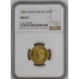 Switzerland 1883 Gold 20 Francs NGC MS 61 #2131168-001 (AGW=0.1867 oz.)