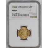 Switzerland 1922 Gold 20 Francs Vreneli NGC MS 66 #2131168-022 (AGW=0.1867 oz.)