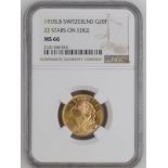 Switzerland 1935 L Gold 20 Francs Vreneli NGC MS 66 #2131168-016 (AGW=0.1867 oz.)