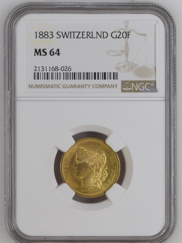 Switzerland 1883 Gold 20 Francs NGC MS 64 #2131168-026 (AGW=0.1867 oz.)