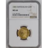 Switzerland 1883 Gold 20 Francs NGC MS 64 #2131168-026 (AGW=0.1867 oz.)