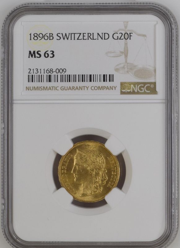 Switzerland 1896 Gold 20 Francs NGC MS 63 #2131168-009 (AGW=0.1867 oz.)