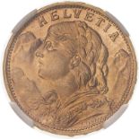 Switzerland 1949 Gold 20 Francs Vreneli NGC MS 66 #2125261-045 (AGW=0.1867 oz.)