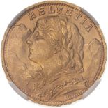 Switzerland 1947 Gold 20 Francs Vreneli NGC MS 65 #2125261-043 (AGW=0.1867 oz.)