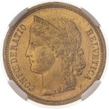 Switzerland 1883 Gold 20 Francs NGC MS 62 #2126812-043 (AGW=0.1867 oz.)