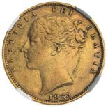 1853 Gold Sovereign WW raised; Roman I; Inverted A for V R4 NGC AU 53 #6296817-011 (AGW=0.2355 oz.)