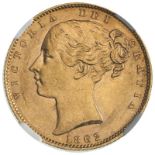 1862 Gold Sovereign R over E in BRIT NGC AU 58 #6318989-014 (AGW=0.2355 oz.)