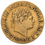 1820 Gold Sovereign Open 2 Scarce. Good fine, cleaned (AGW=0.2355 oz.)