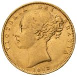 1862 Gold Sovereign R over E in BRIT Extremely rare. About very fine, edge bruise (AGW=0.2355 oz.)