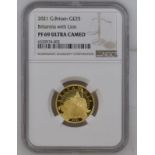 2021 Gold 25 Pounds (1/4 oz.) Britannia Proof NGC PF 69 ULTRA CAMEO #6320974-002 Box & COA