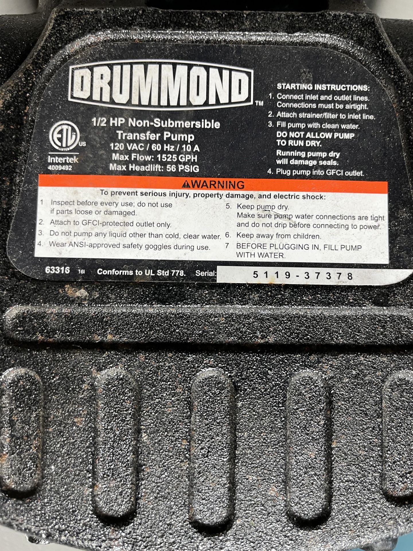 DRUMMOND 1/2 HP NON SUBMERSIBLE TRANSFER PUMP - Image 2 of 3