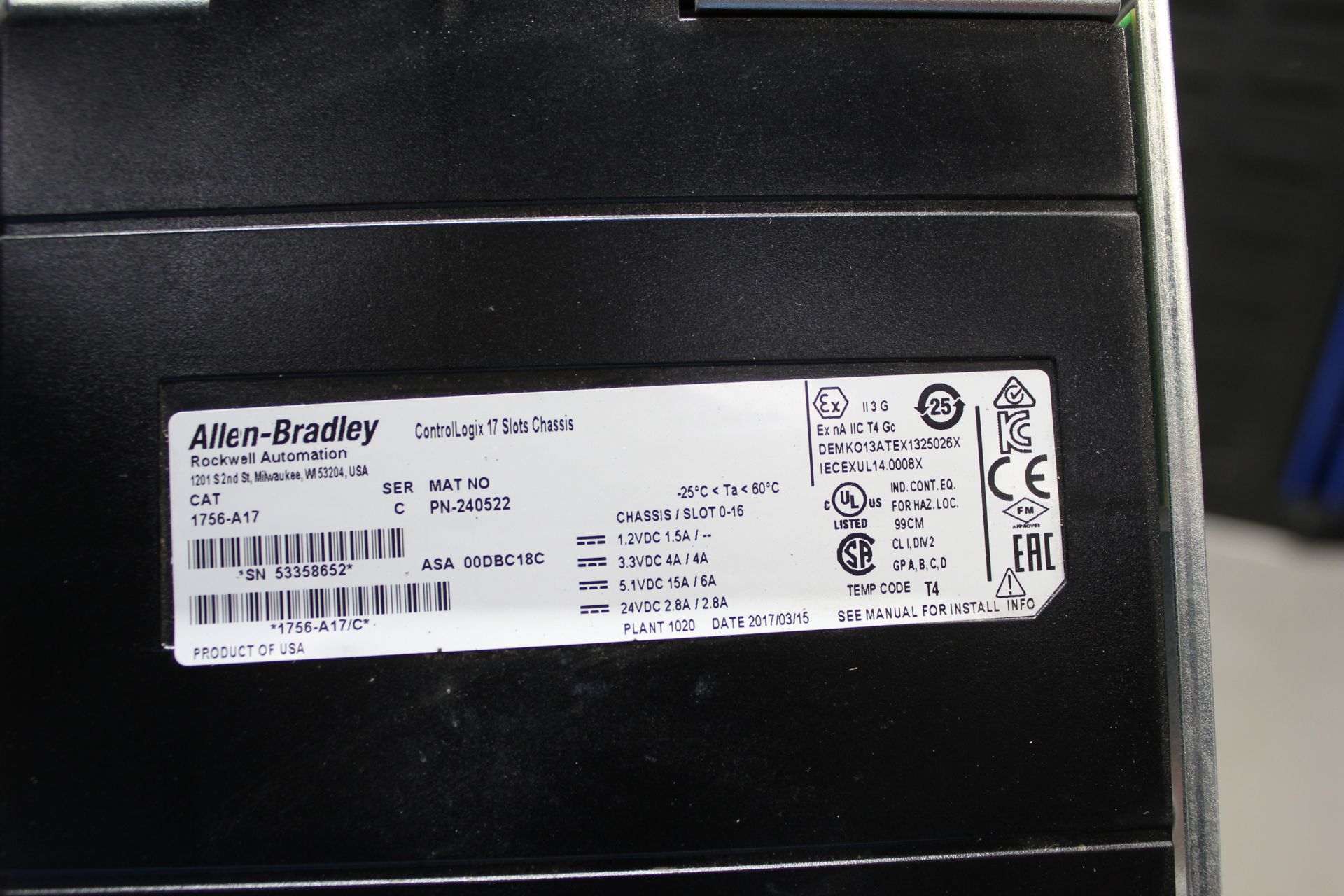 ALLEN BRADLEY CONTROLLOGIX 17 SLOT PLC CHASSIS & POWER SUPPLY - Image 4 of 5