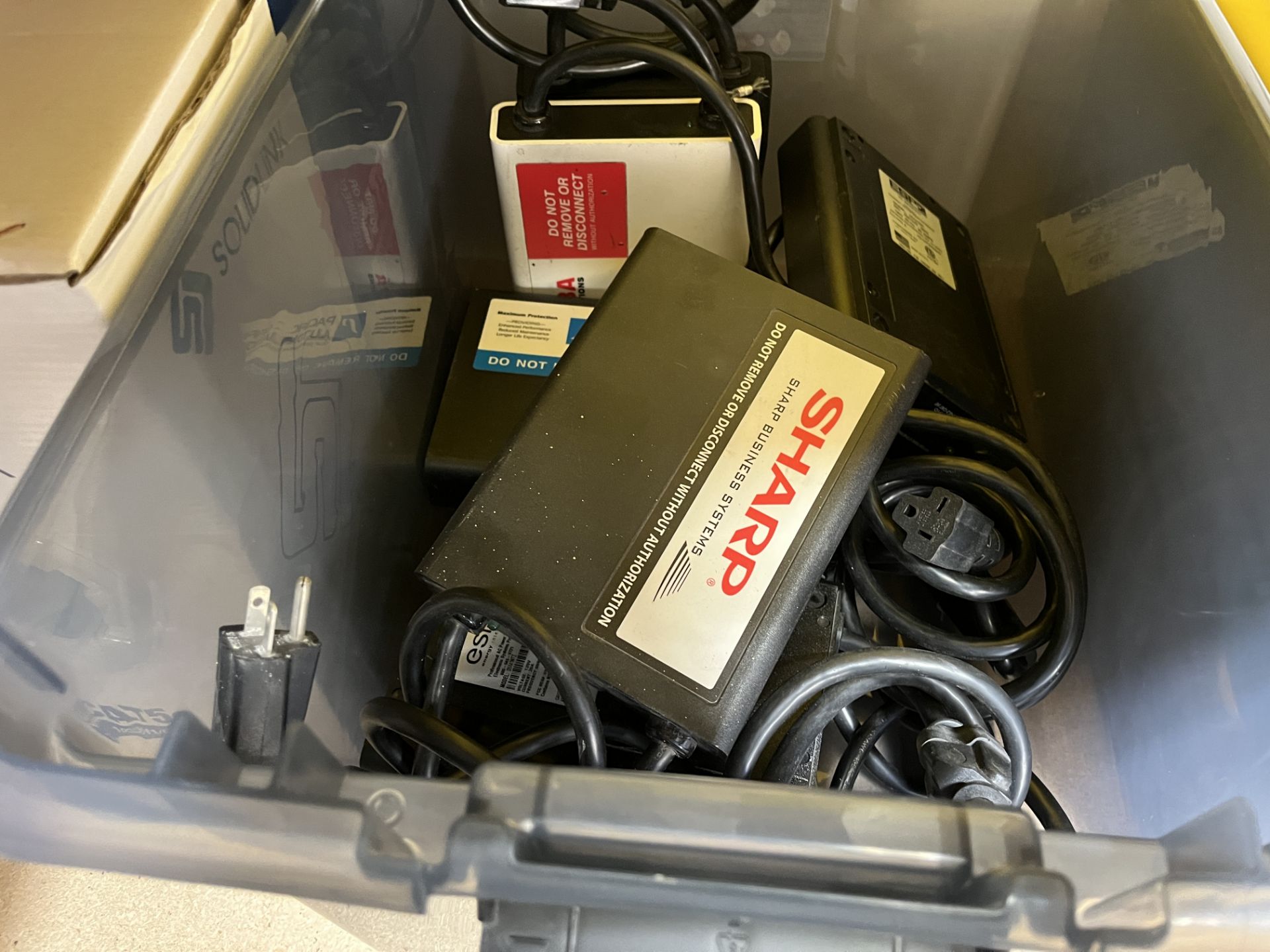 6 PLASTIC BINS OF CABLES, POWER CORDS, POWER FILTERS, ETC - Image 9 of 15