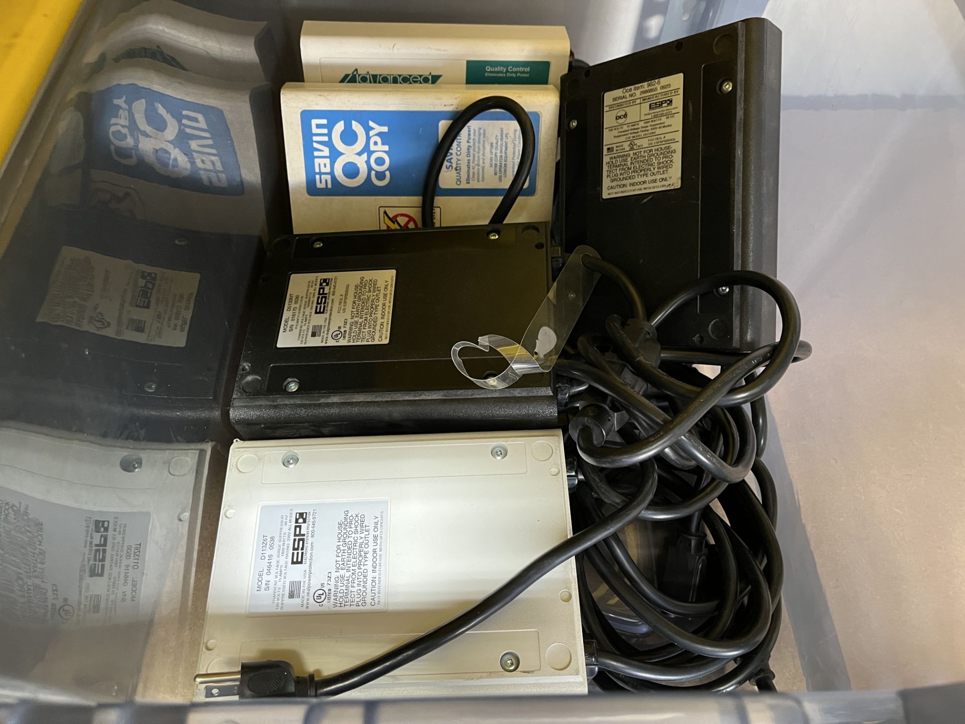 6 PLASTIC BINS OF CABLES, POWER CORDS, POWER FILTERS, ETC - Image 3 of 15