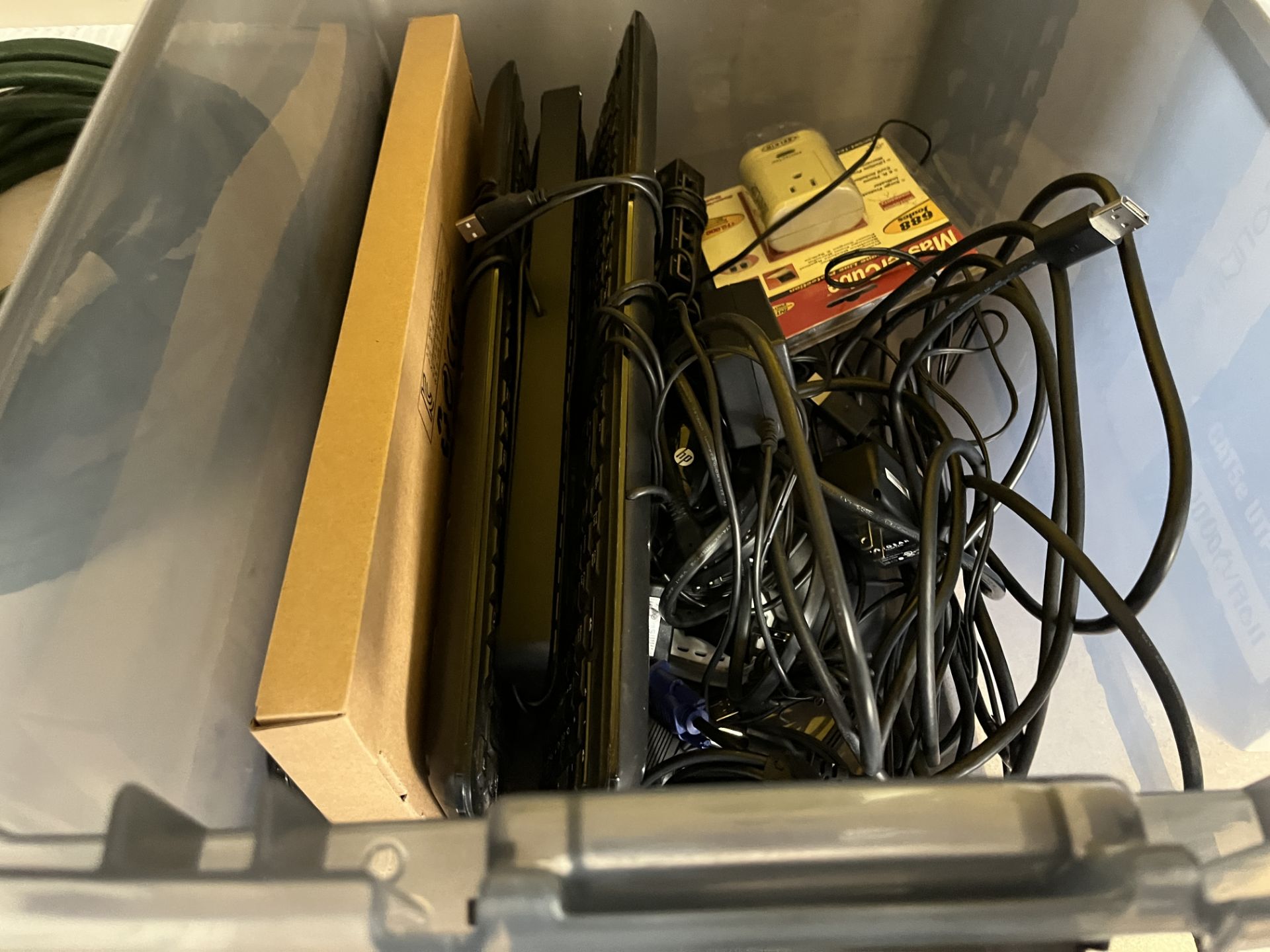 6 PLASTIC BINS OF CABLES, POWER CORDS, POWER FILTERS, ETC - Image 11 of 15